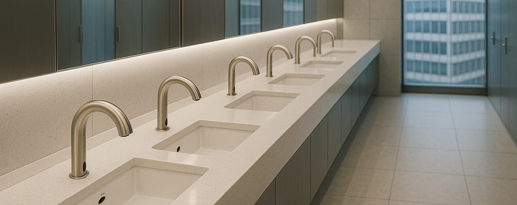 Campus restroom design guide cover image showing modern fixtures in a university setting